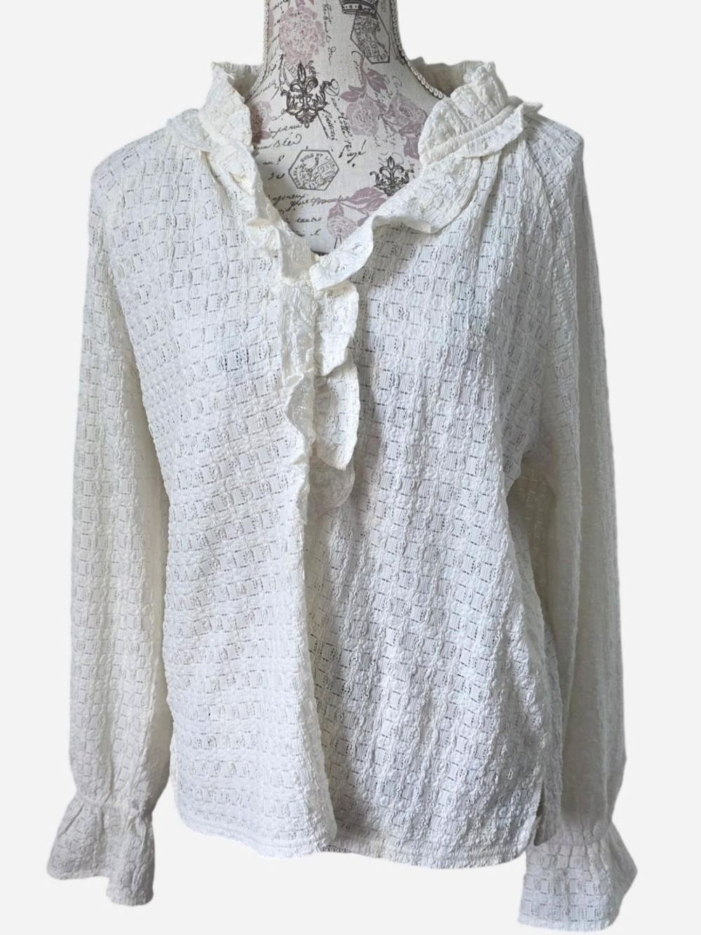 Cupio White Ruffle Crochet Blouse - Feminine Textured Top
